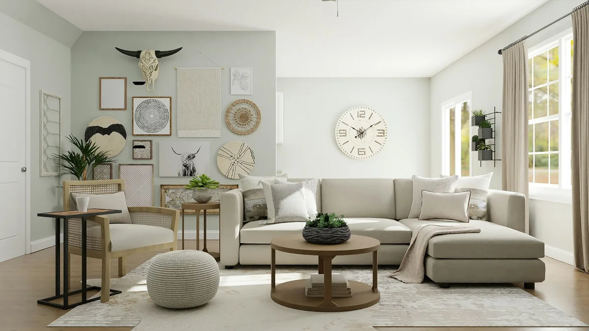 Comfortable neutral living room with a sofa, armchair and timber coffee table